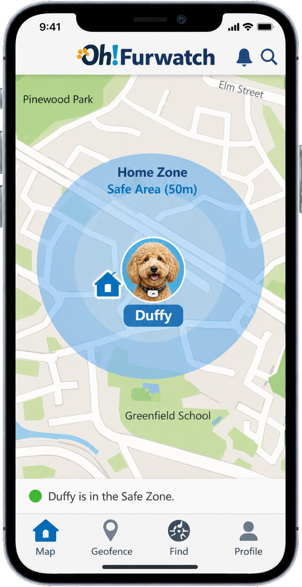 Oh!Furwatch app showing Duffy safe in the home zone