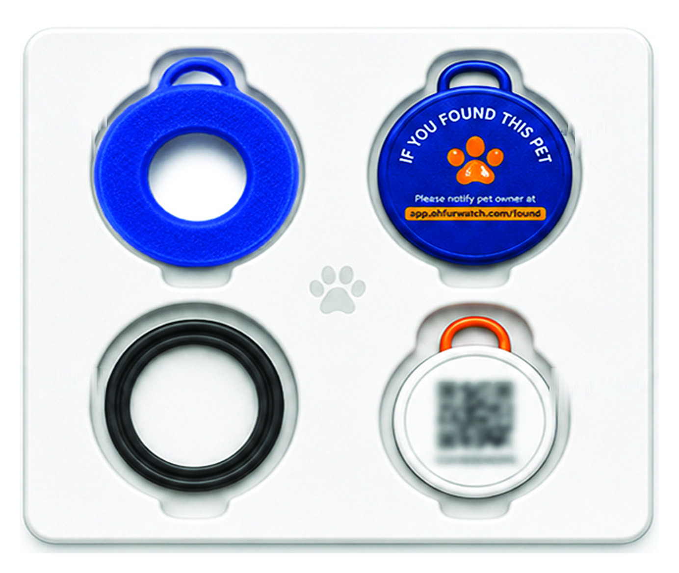 The Oh!Furwatch tray: front cover, rear cover, silicone gasket and device tag